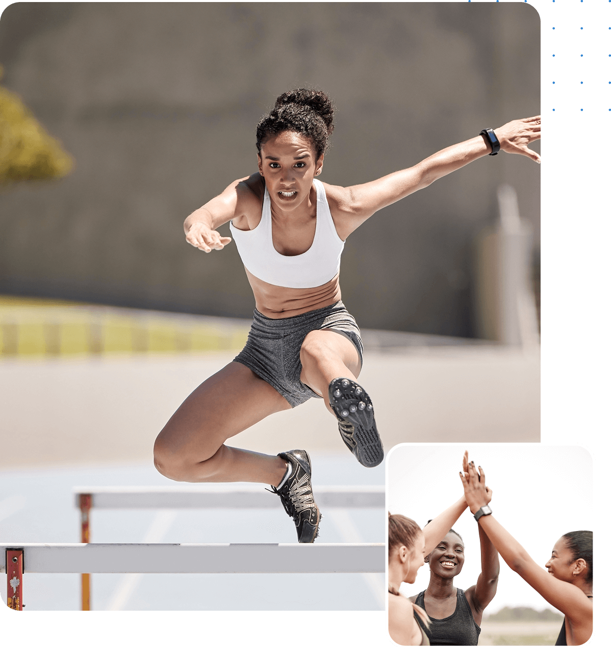Group 1321317507 (1) A woman in athletic wear leaps over a hurdle on an outdoor track; inset shows three women in sports attire giving a high-five.
