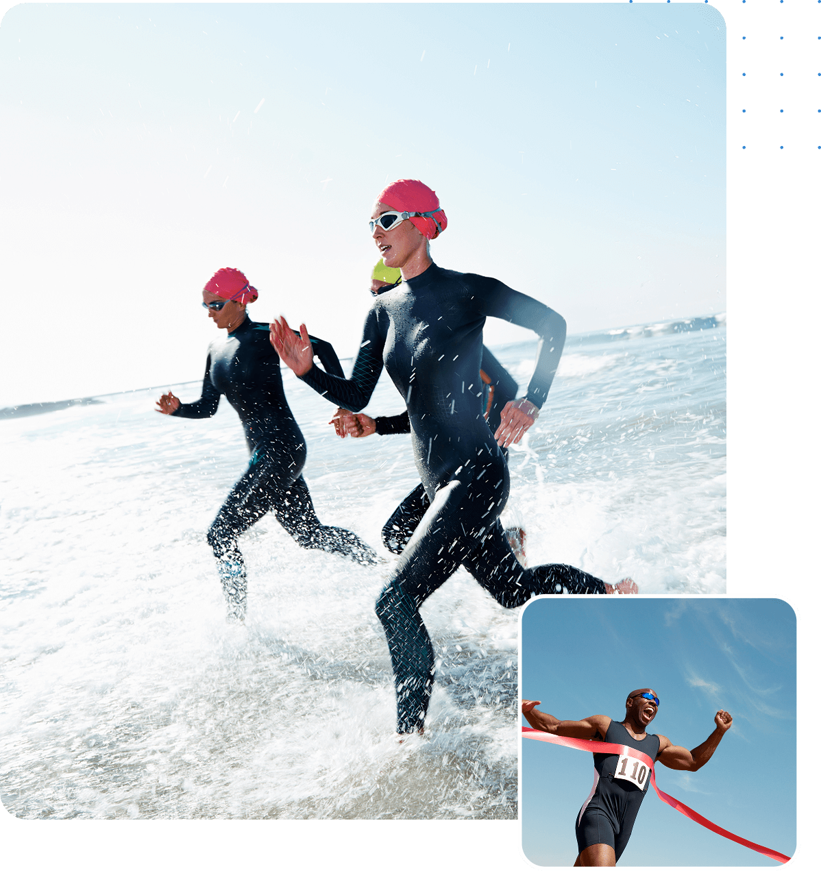 Group 1321317514 Three athletes in wetsuits and red swim caps run through shallow ocean water; inset shows a runner crossing a finish line wearing a race bib and sunglasses.