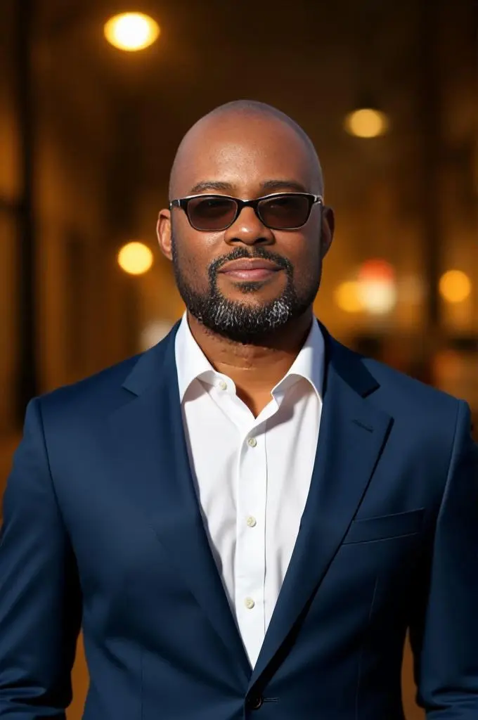 Man in suit and sunglasses, evening setting.
