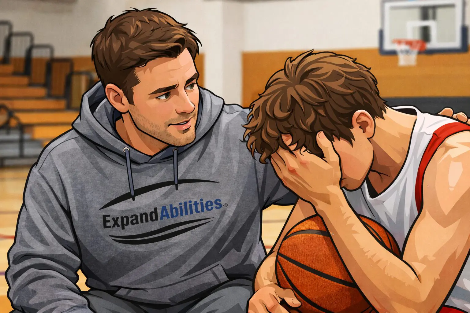 Coach comforting upset basketball player on bench.