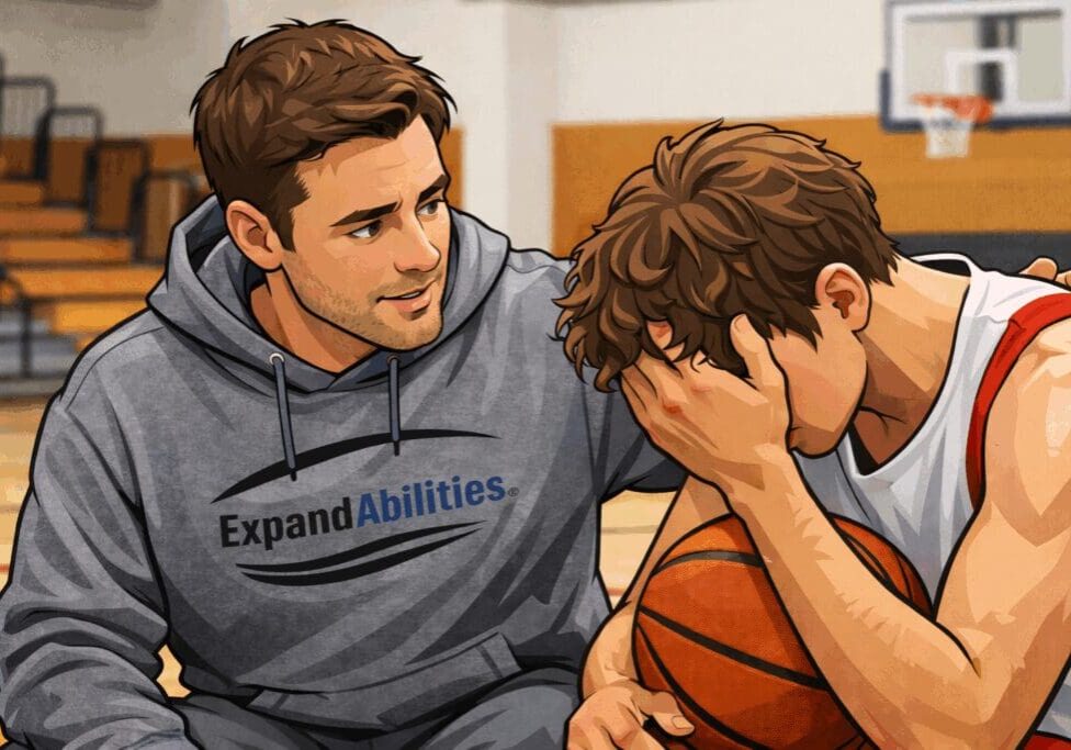 Coach comforting upset basketball player on bench.